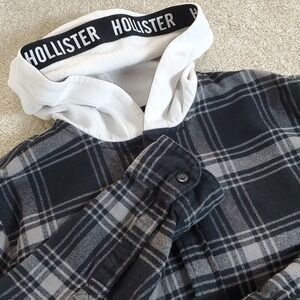 Hollister Men's Flannel Shirt Button Up Tape Hoodie Size Large Blue Plaid